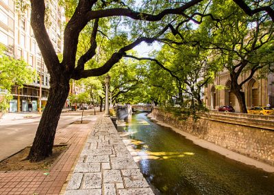 Vistas de un canal en Córdoba alineado con los árboles.